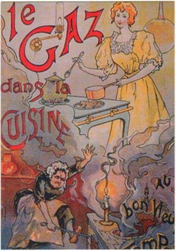 french 19th century poster showing gas cooking is clean